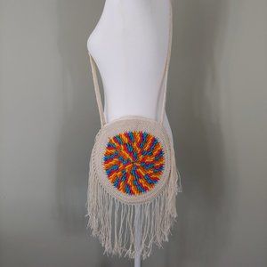 Handmade Round Crochet Boho Fringe Purse Festival Bag Crossbody Multi-Color